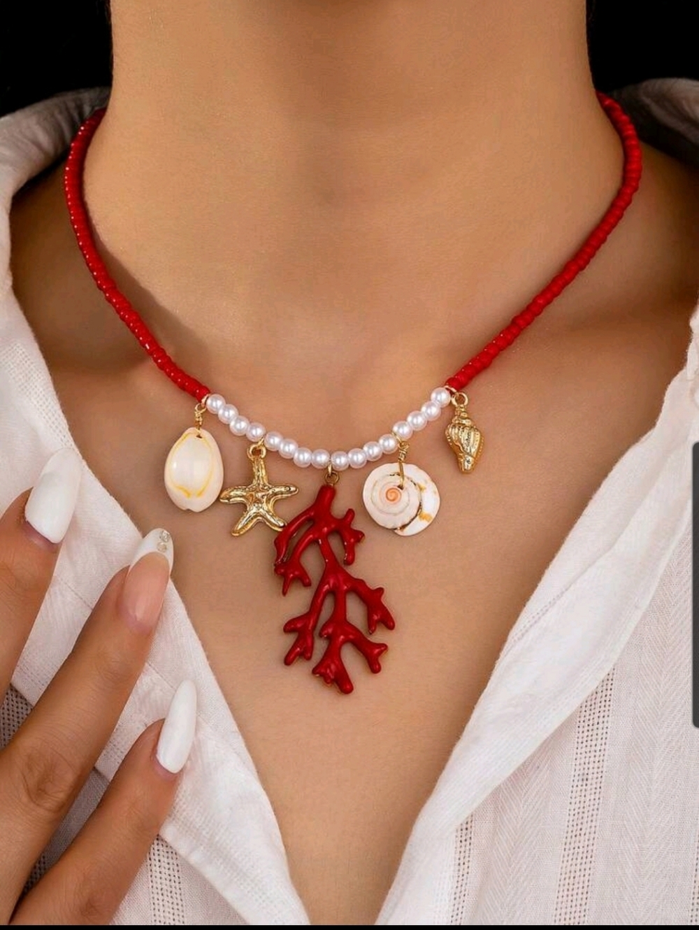 BRAND NEW ** Red Coral Shell Charm Necklace with Pearls - Women Jewelry
